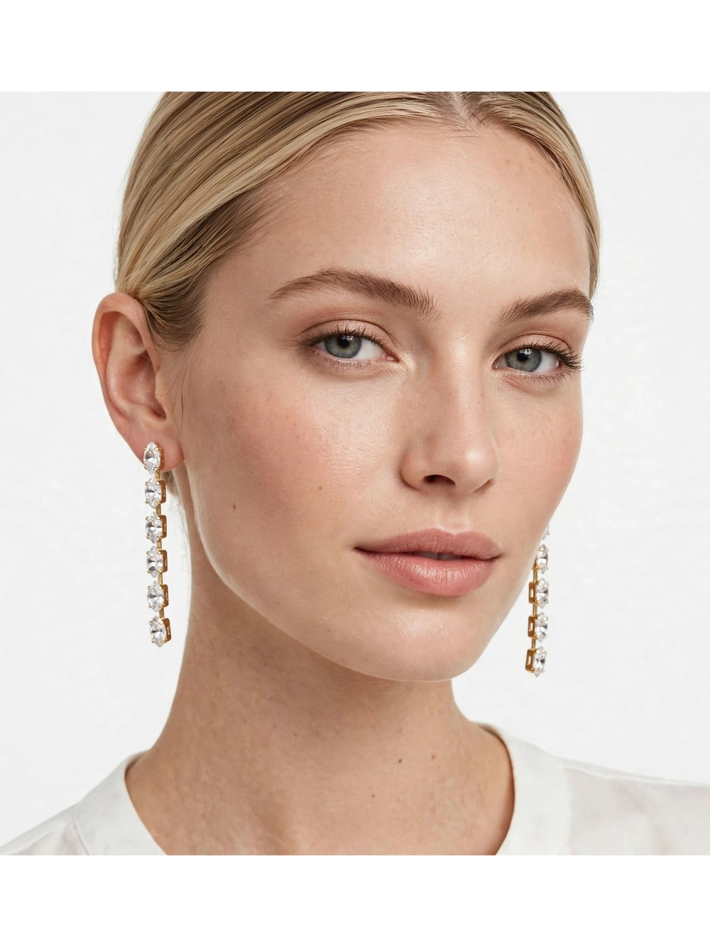 CLEAR OVAL Swarovski Austrian Crystal Gold Drop Earrings – 6-Stone Dangle – Long
